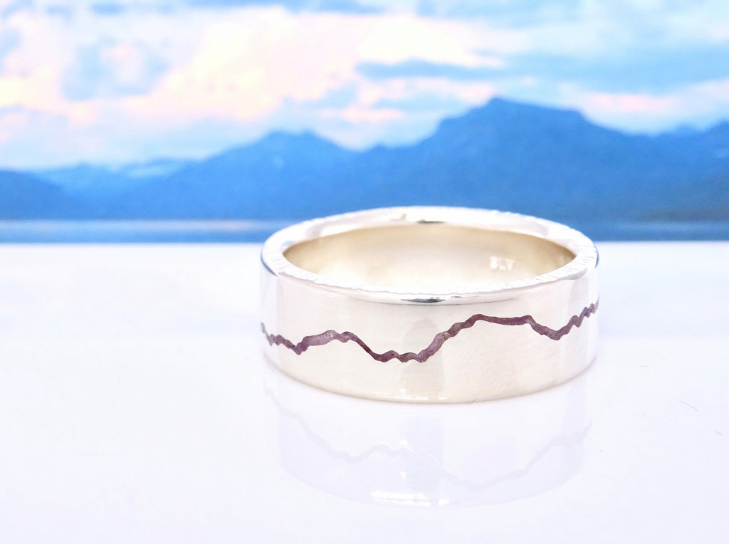 Personalized Gemstone Mountain Inlay Ring handcrafted with your choice of recycled material and precious gemstone.   Each personalized mountain ring made to order by Michelle Lenáe Jewelry, original mountain inspired designs in Seattle WA. This one features the mountains at Lake McDonald in Glacier National Park with Amethyst.