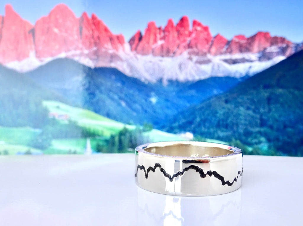 Personalized Gemstone Mountain Inlay Ring handcrafted with your choice of recycled material and precious gemstone.   Each personalized mountain ring made to order by Michelle Lenáe Jewelry, original mountain inspired designs in Seattle WA.
