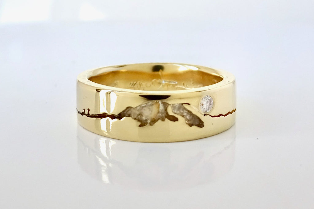 14k yellow gold Rainier Summit Ring with wihite quartz inlay and diamond moon