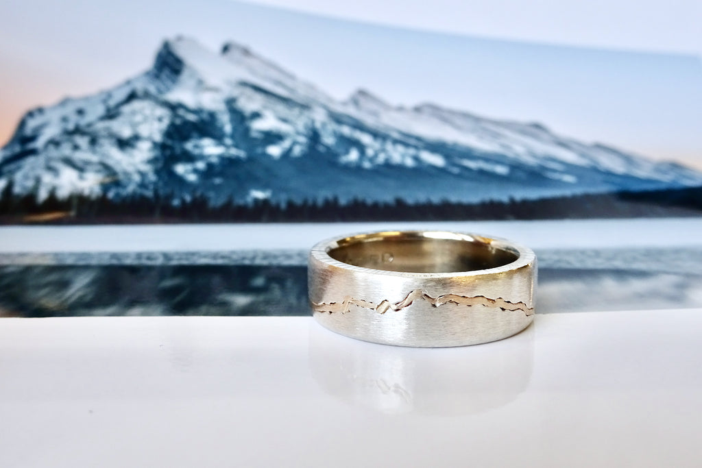 Gold Inlay Mountain Ring featuring Banff custom mountain range