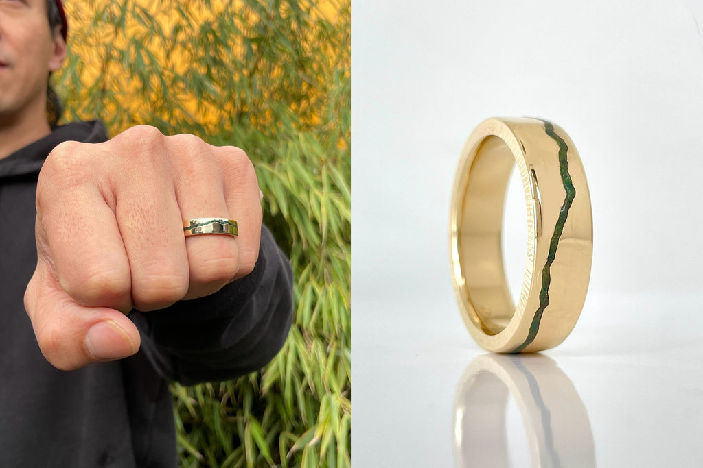 Bridger Mountains Inlay Mountain Ring handcrafted with 14k yellow gold and emerald inlay