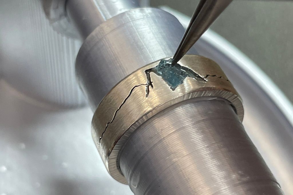 The process of inlay on a custom mountain ring.  Each piece is handcrafted by Michelle Lenae in Seattle WA