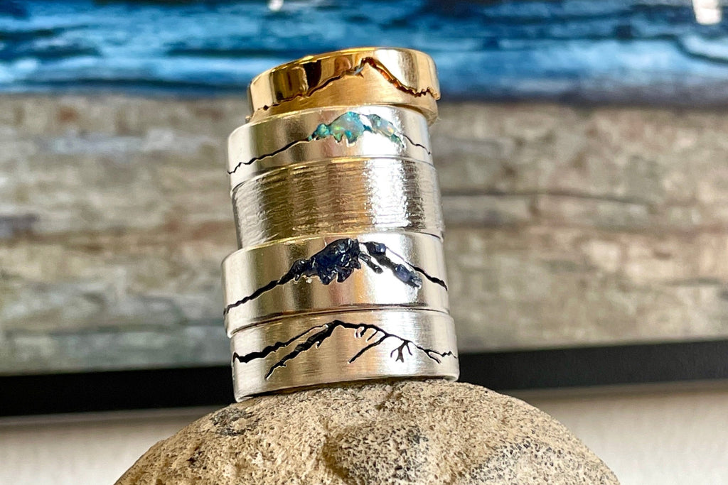 Handcrafted custom mountain and wedding rings by Michelle Lenae Jewelry 
