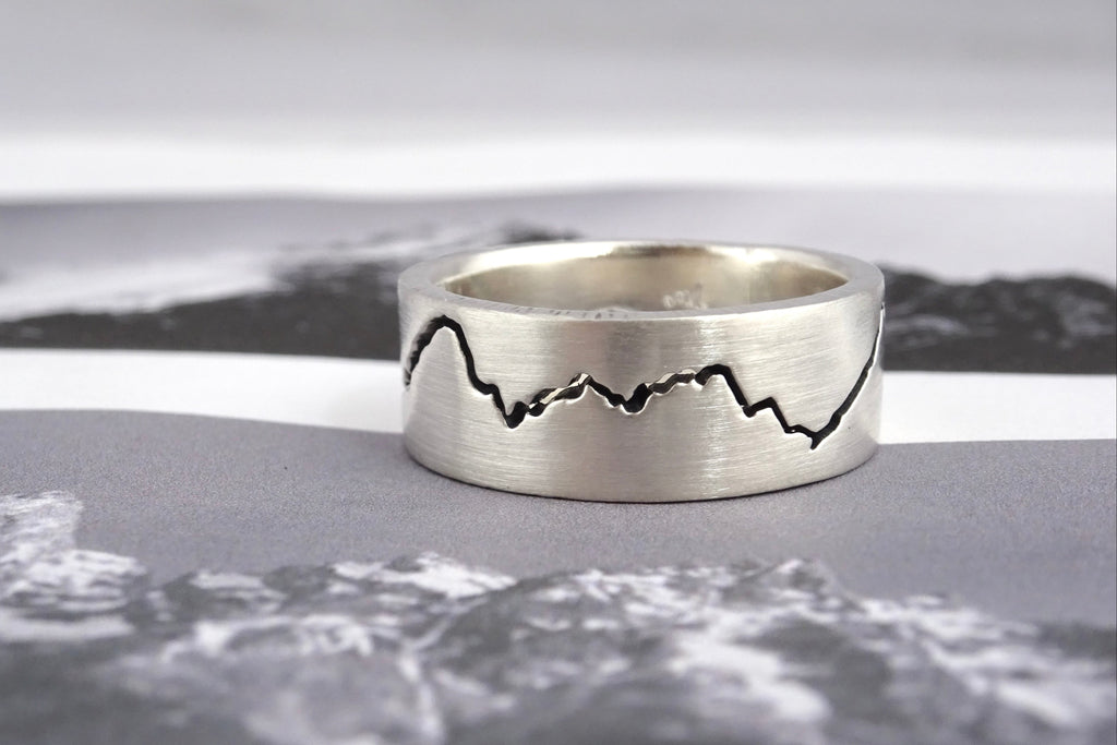 Custom Modern Mountain Ring handcrafted in your choice of recycled metal featuring the mountain of your choice