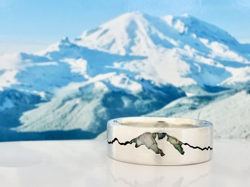 Original Rainier Summit Ring handcrafted with your choice of recycled material and precious gemstone.   Each personalized mountain ring made to order by Michelle Lenáe Jewelry, original mountain inspired designs in Seattle WA.