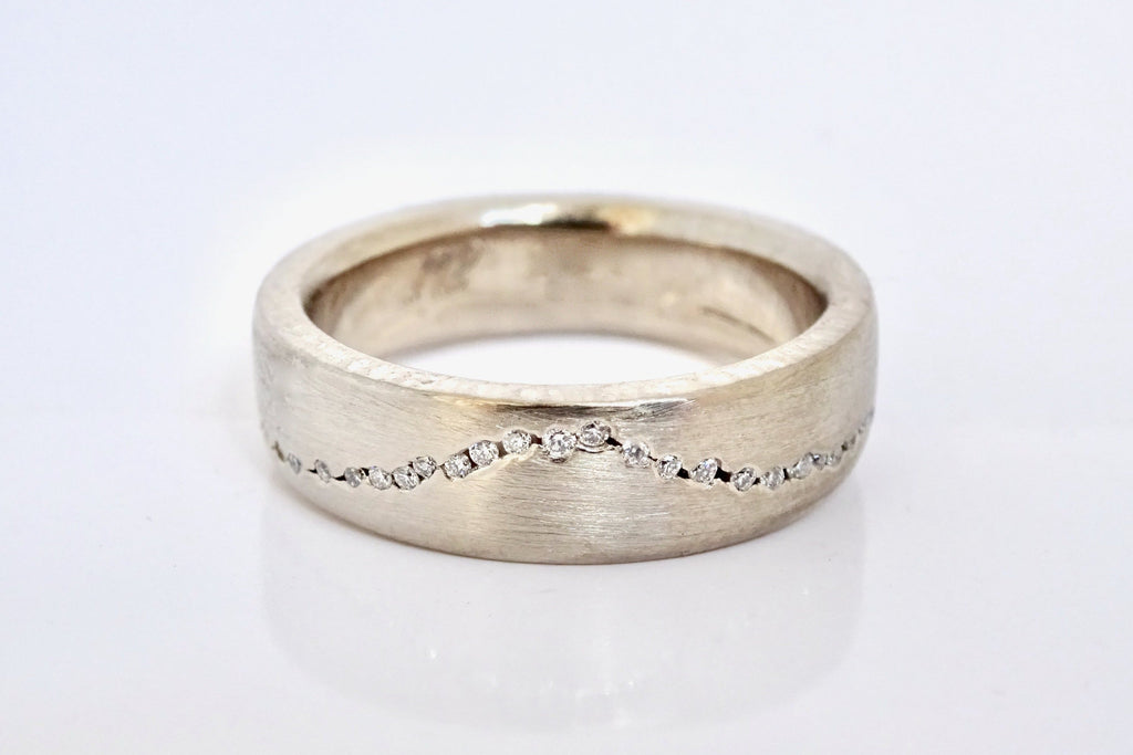 Diamond Eternity Mountain Wedding Ring handcrafted in recycled 14k white gold featuring Mt Rainier 