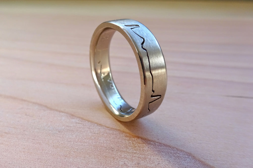 Recycled white gold ring with pierced design of fathers's  EKG  heartbeat 