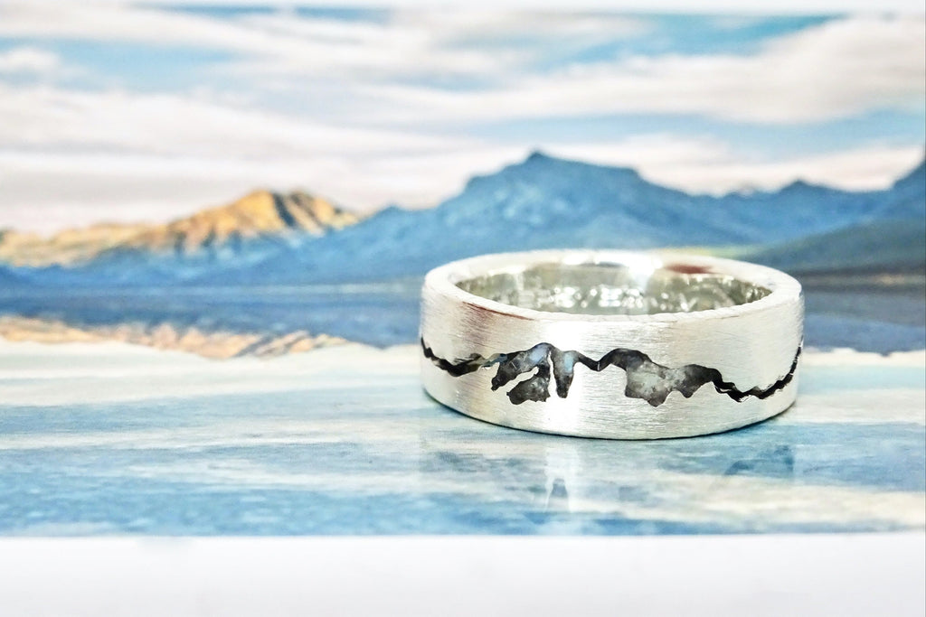 Custom Glacier National Park Inlay Summit Ring with chipped labradorite.  Made to order by Michelle Lenáe Jewelry 