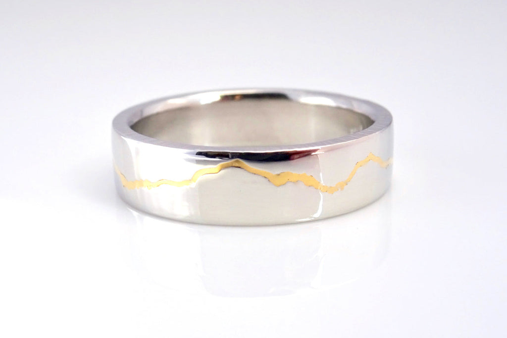 Gold Inlay Mountain Ring with 22k Yellow gold.  Handcrafted to order with your choice of mountain range