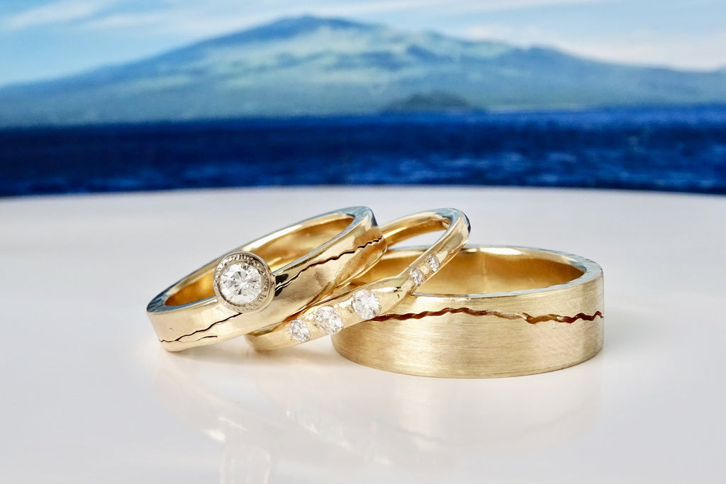 Handmade to order Haleakala Mountain Ring Set in recycled 14k Yellow Gold