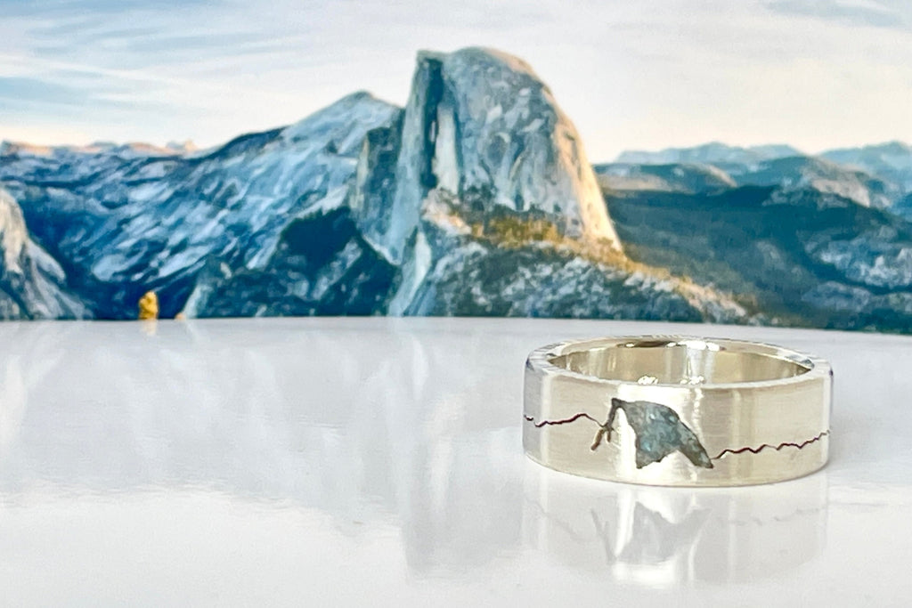 Custom Half Dome Mountain Inlay Summit Ring, made to order with your choice of material and gemstone inlay