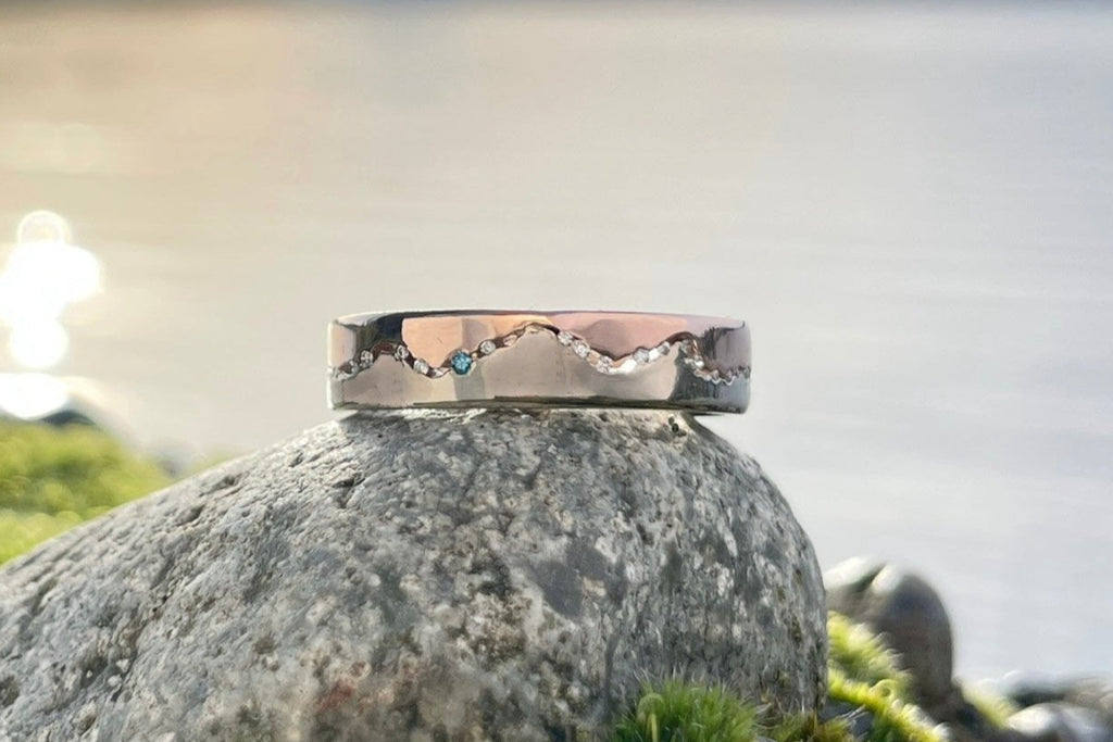 Mixed gold diamond eternity mountain ring handcrafted with your favorite mountain range