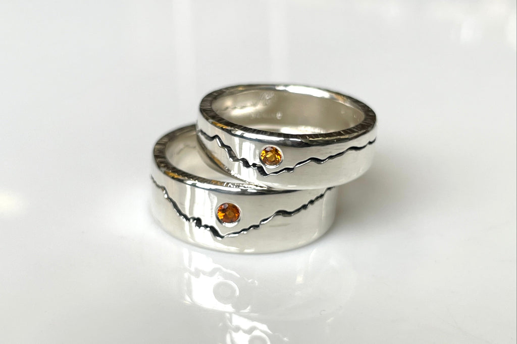 Modern Mountain Ring Set handmade in recycled sterling silver with Citrine gemstone accent