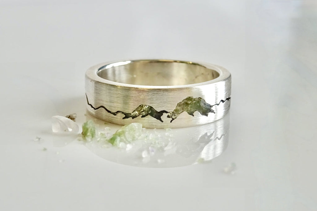 Moss Agate inlay for a custom Glacier National Park Summit Ring