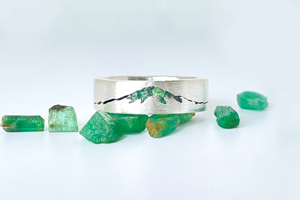 Custom Mount Fuji Summit Ring with Emerald inlay.  Handmade to order in your choice of precious materials such as sterling silver, 14k gold and platinum