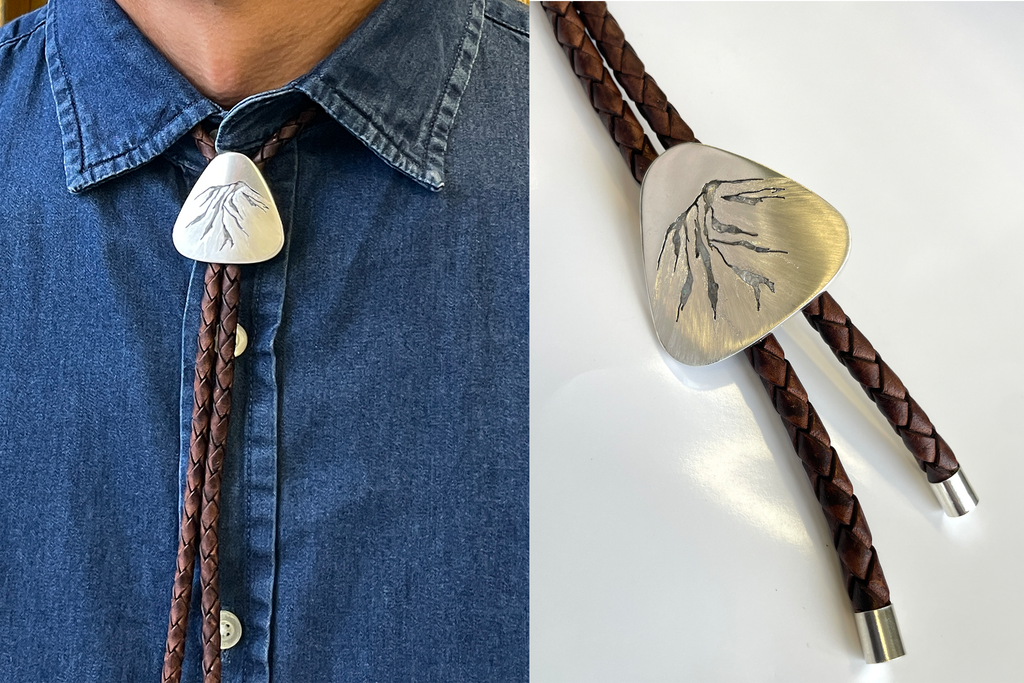 Mountain Bolo with Stone Inlay handcrafted and made to order.  This bolo features your desired mountain along with the gemstone of your choice.  