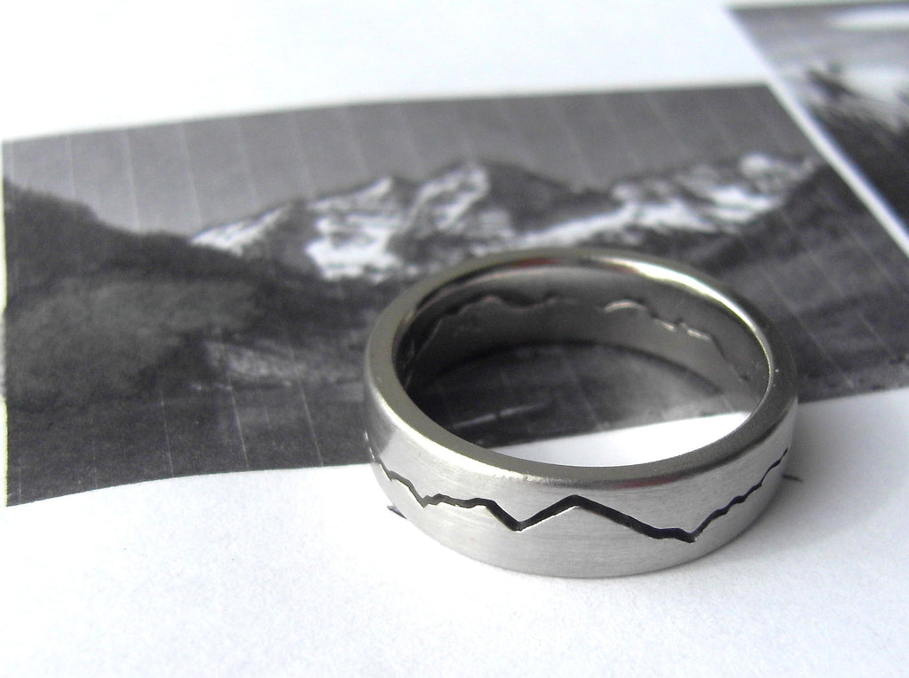 Mountain Wedding Band handcrafted in Seattle WA by Michelle Lenae Jewelry.  