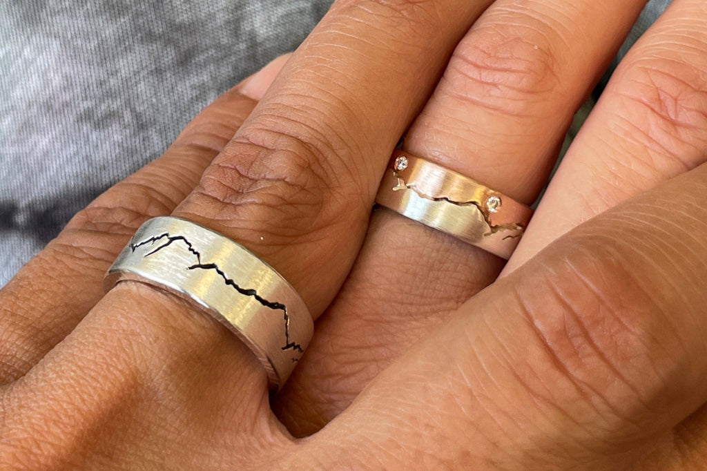 Mountain Wedding Ring Set featuring personalized mountain landscape designs.  Each set is handmade my Michelle Lenáe from Seattle WA.