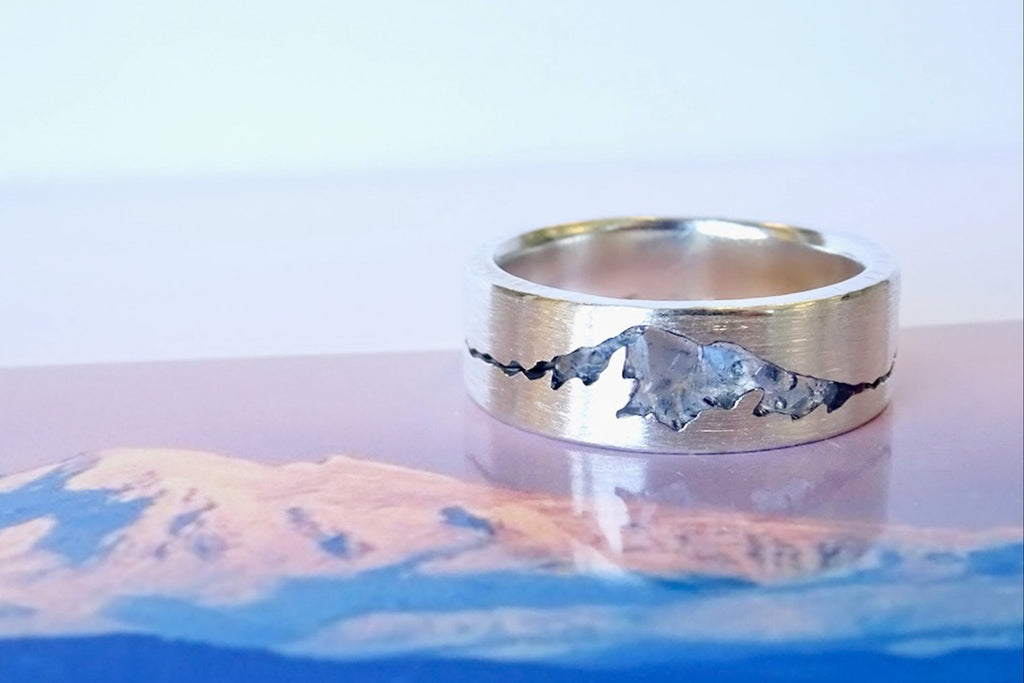 Made to order Mt Baker Summit Mountain Ring with your choice of recycled precious metal and gemstone for the summit inlay