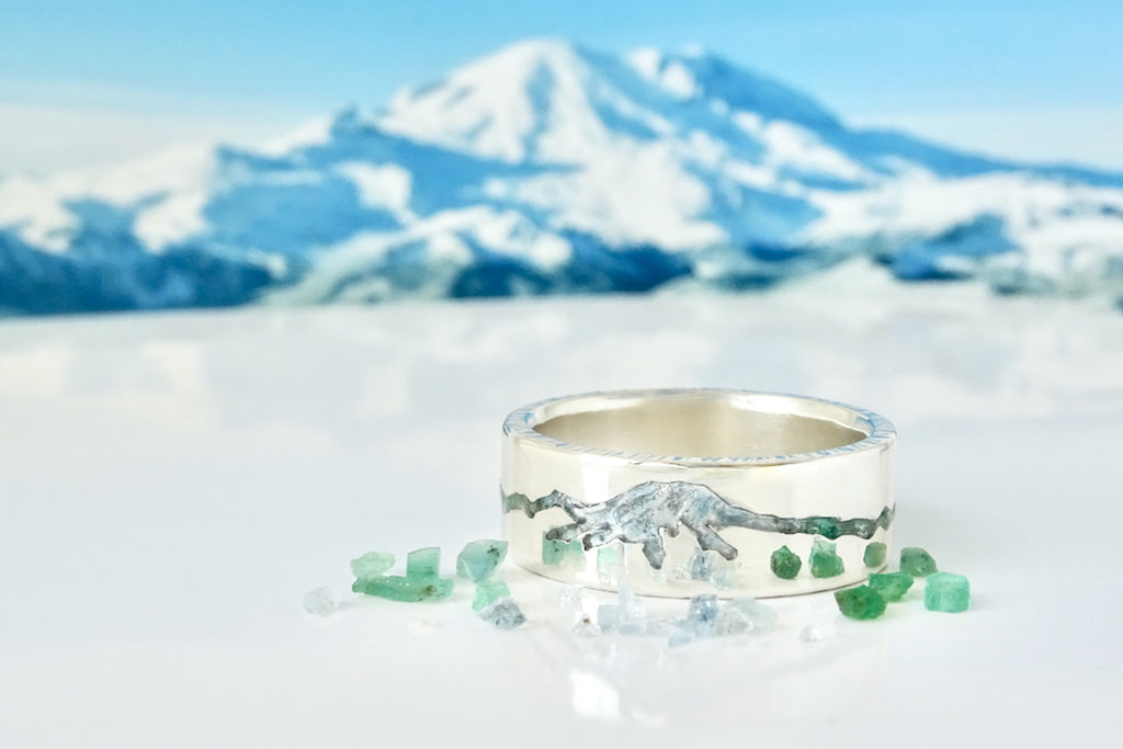 Mt Rainer Summit & Range Inlay Mountain Ring featuring aquamarine inlay 