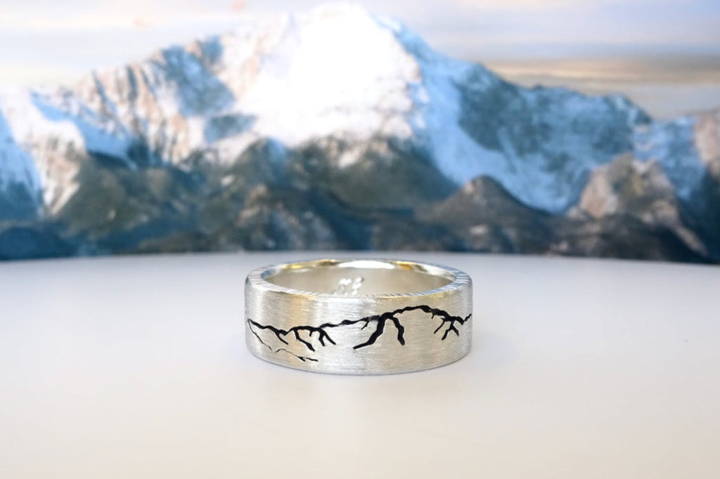 Handcrafted Pikes Peak landscape mountain ring in recycled sterling silver.