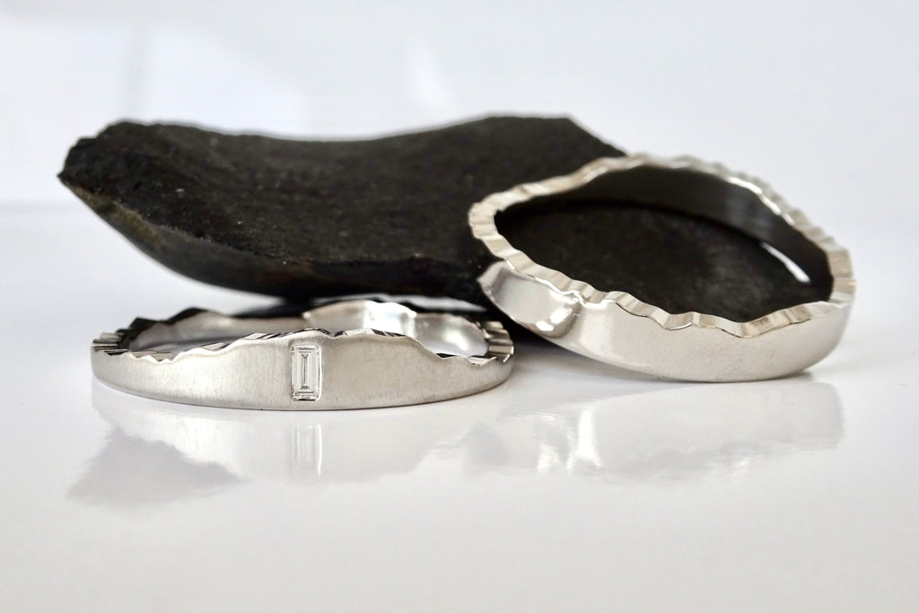 Platinum Interlocking Puzzle Mountain Ring with baguette diamond