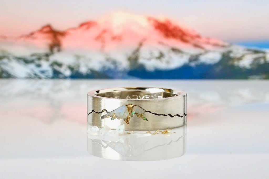 Platinum Rainier Summit Ring with opal inlay and 24k gold flakes