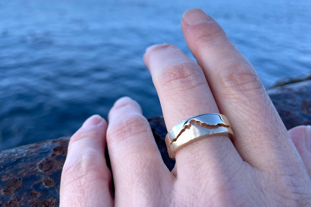 Puzzle Mountain Ring handmade in 14k yellow gold