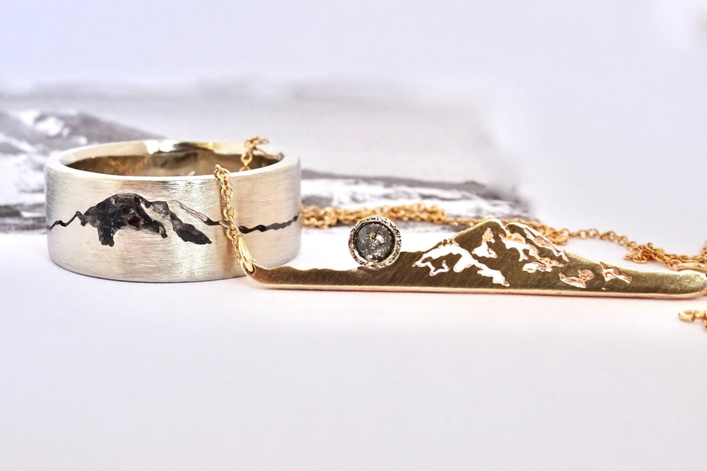 Mountain ring and necklace set featuring Mt. Rainier silhouette – handcrafted matching jewelry by Michelle Lenae