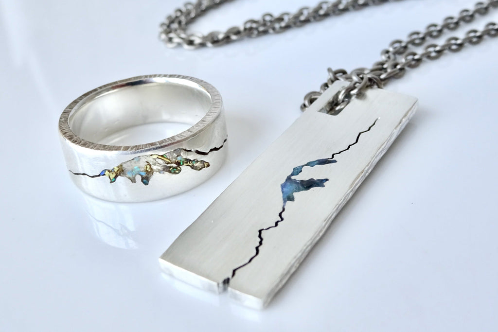 Sterling silver Mt. Rainier mountain inlay ring and ID tag inlay pendant set – handcrafted nature-inspired jewelry by Michelle Lenae.