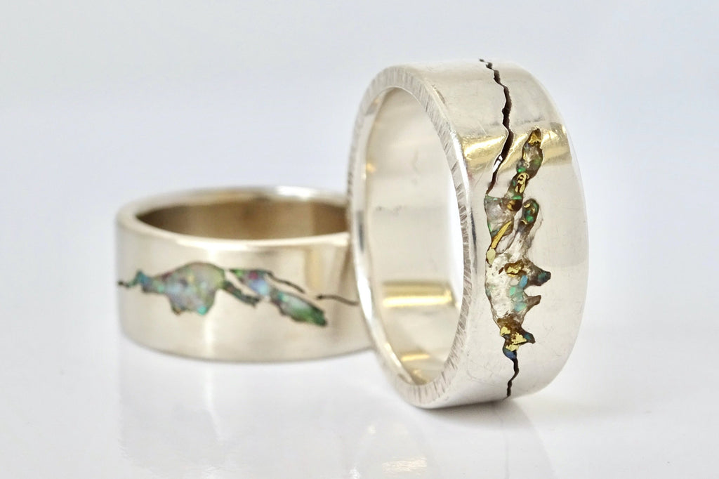 Handcrafted Rainier Summit Mountain Ring with natural gemstone inlay, featuring a variety of gemstones and 18k yellow gold flakes.  Made to order from Seattle WA 
