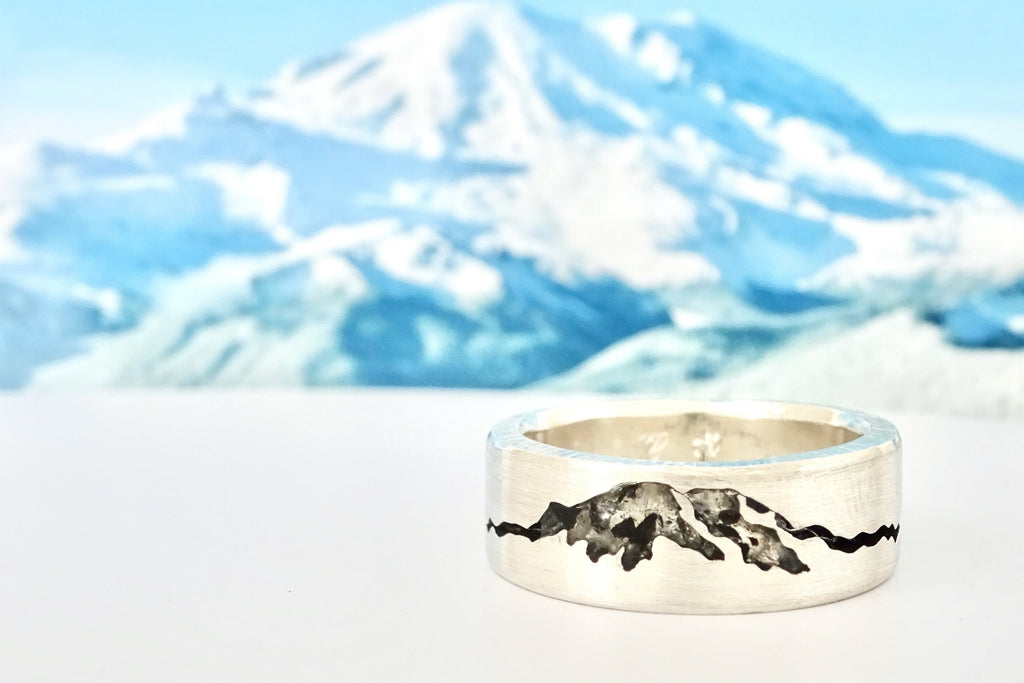 Handcrafted Rainier Summit Inlay Ring with natural gemstone inlay, featuring detailed mountain silhouette design – artisan jewelry by Michelle Lenae.