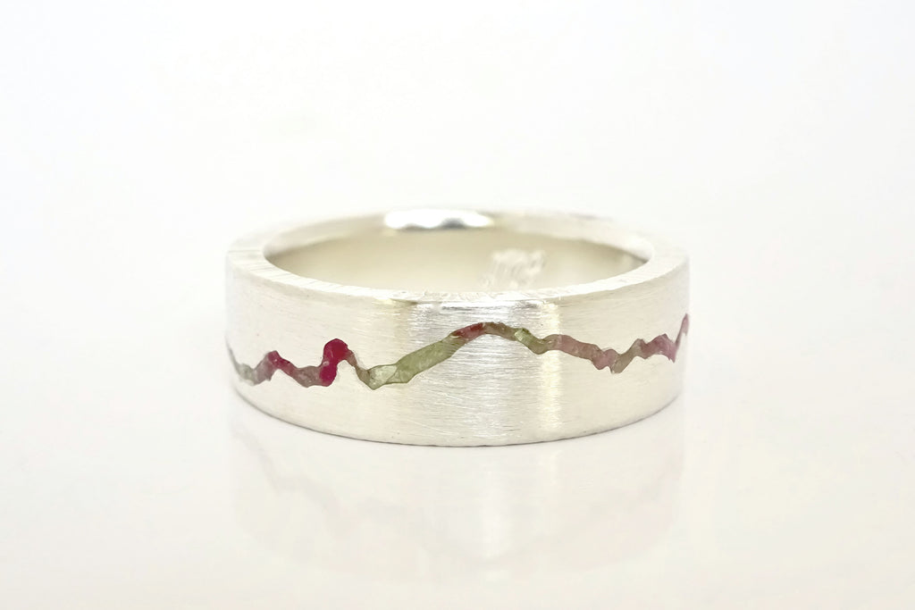 Custom Range Inlay Mountain Ring handcrafted with eco materials featuring your choice of mountain range and gemstones for inlay