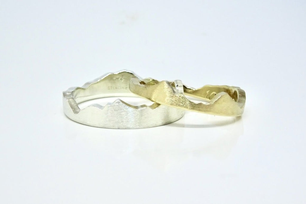 Recycled yellow & white gold stacking mountain rings featuring your personalized mountains.