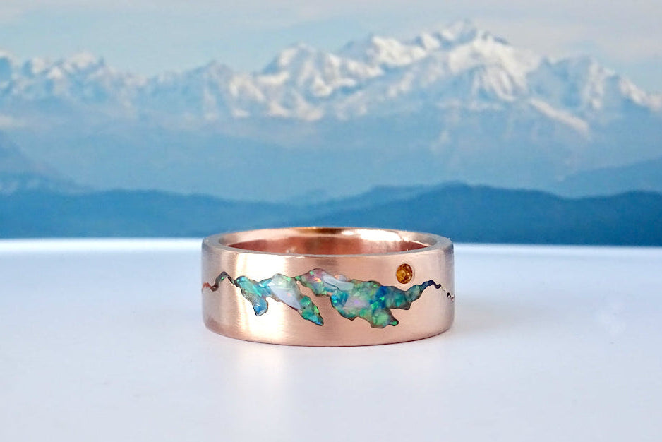 14k Rose Gold Inlay Mountain RIng featuring chipped opal and gemstone accent moon.  Handmade to order by Michelle Lenae Jewelry in Seattle WA