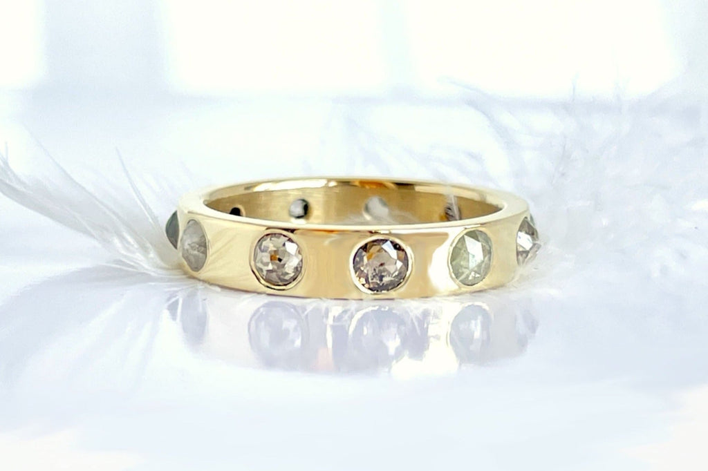 Rose cut diamond eternity ring in 14k or 18k gold, flush set with conflict-free diamonds – artisan handcrafted by Michelle Lenae Jewelry.