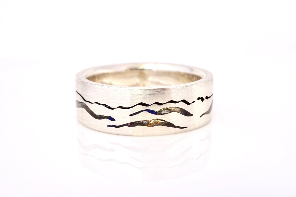Sea to Sky Mountain Ring handcrafted in your choice of recycled material and gemstone inlay