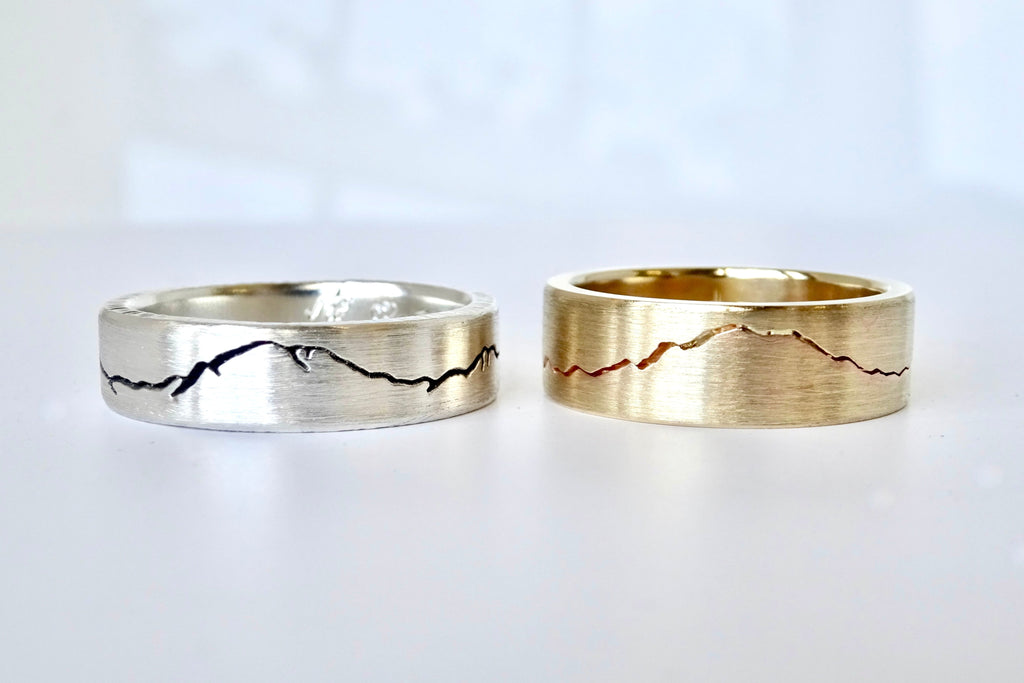 Rainier Modern Mountain Rings in recycled silver palladium and 14k yellow gold