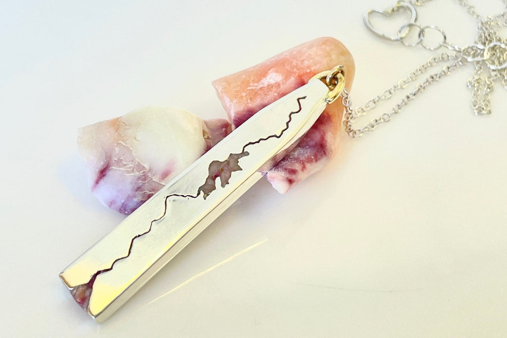 Skinny silver mountain tag pendant with you choice of mountain design and gemstone inlay