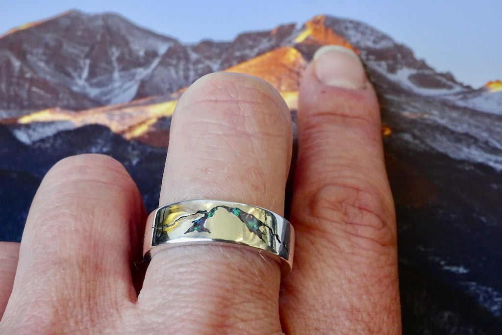 Custom Longs Peak Summit Inlay Ring with opal inlay 