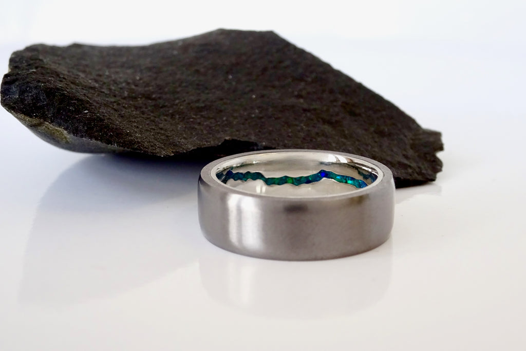 Hidden mountain ring with mixed opals, crafted in Tantalum & Platinum