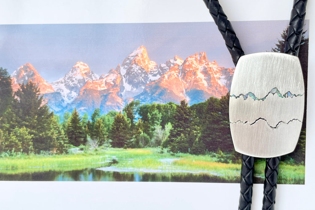 Teton Bolo Tie with opal inlay.  Handmade by Michelle Lenáe.  Handcrafted with recycled eco materials.   