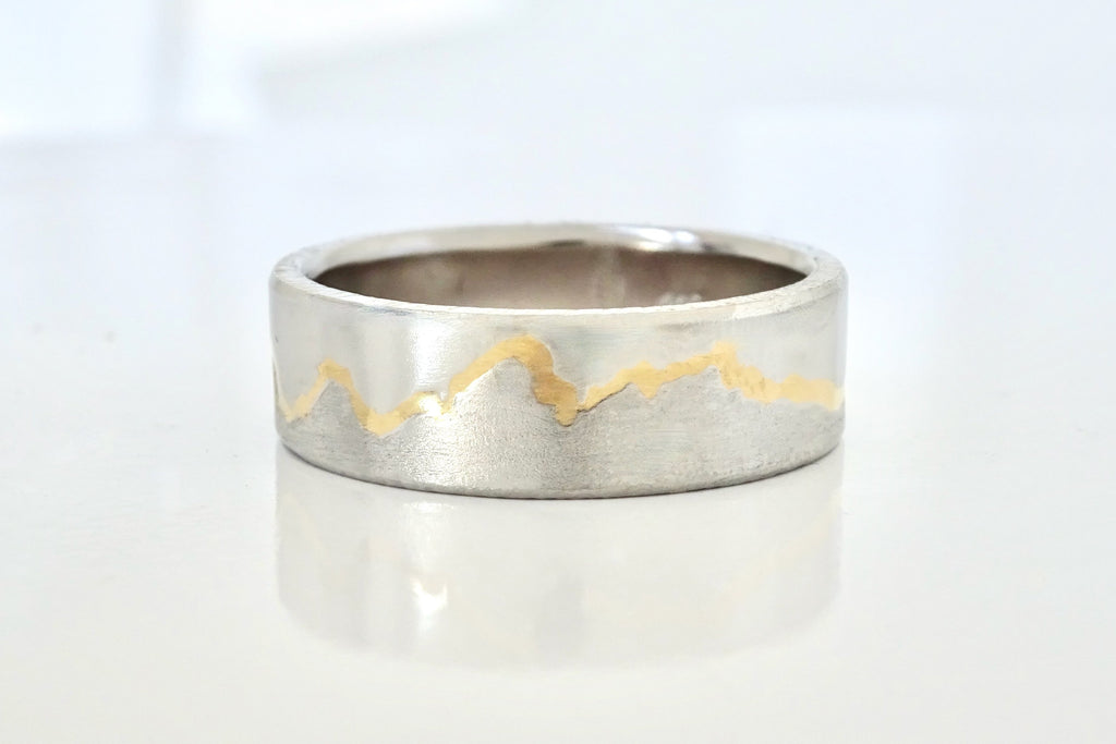 Custom handcrafted Teton Gold Inlay Mountain made to order with recycled platinum & 22k yellow gold