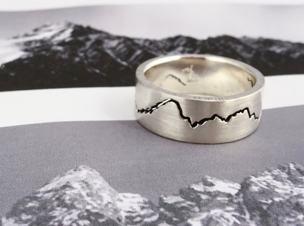 Made to order Teton Range Mountain Wedding Band.  Handcrafted with your choice of recycled metal. 