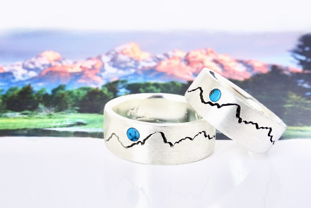 Handcrafted Teton Mountain Rings in recycled sterling silver with turquoise moon