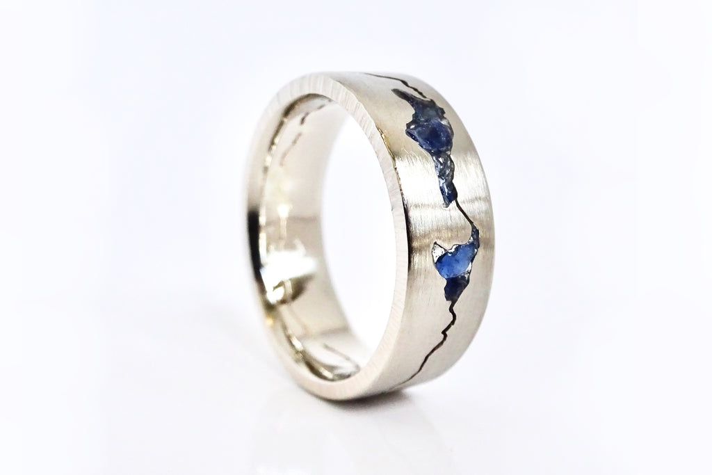 Custom Wasatch Mountain Range Summit Ring in Silver Palladium featuring chipped blue sapphire