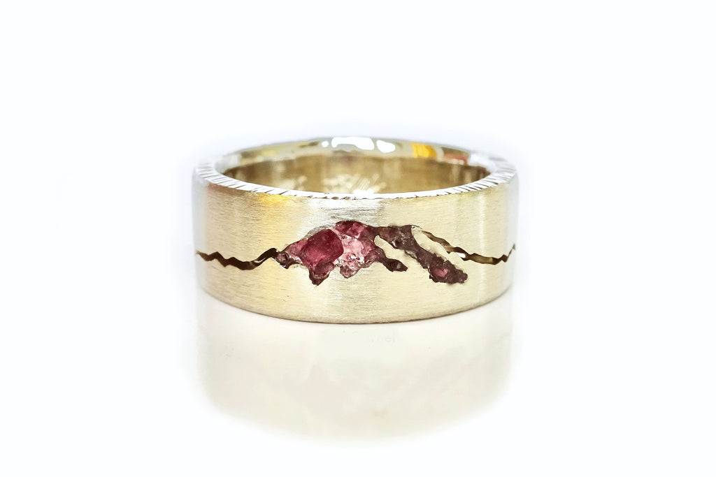 Custom Yellow Gold Mt Rainier Summit Inlay featuring Garnet inlay