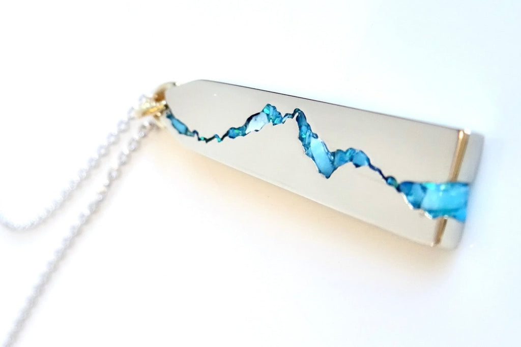 Skinny Mountain Tag Pendant handcrafted in recycled sterling silver with gemstone inlay.