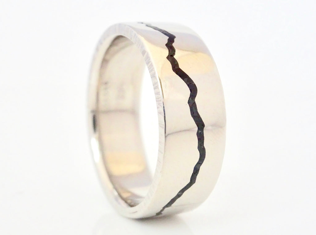 Original Rainier Cascades Inlay Ring handcrafted in recycled 950 Palladium featuring Black Spinnel & Onyx inlay.  This ring is made and ready to ship by Michelle Lenáe Jewelry, original mountain inspired designs in Seattle WA.