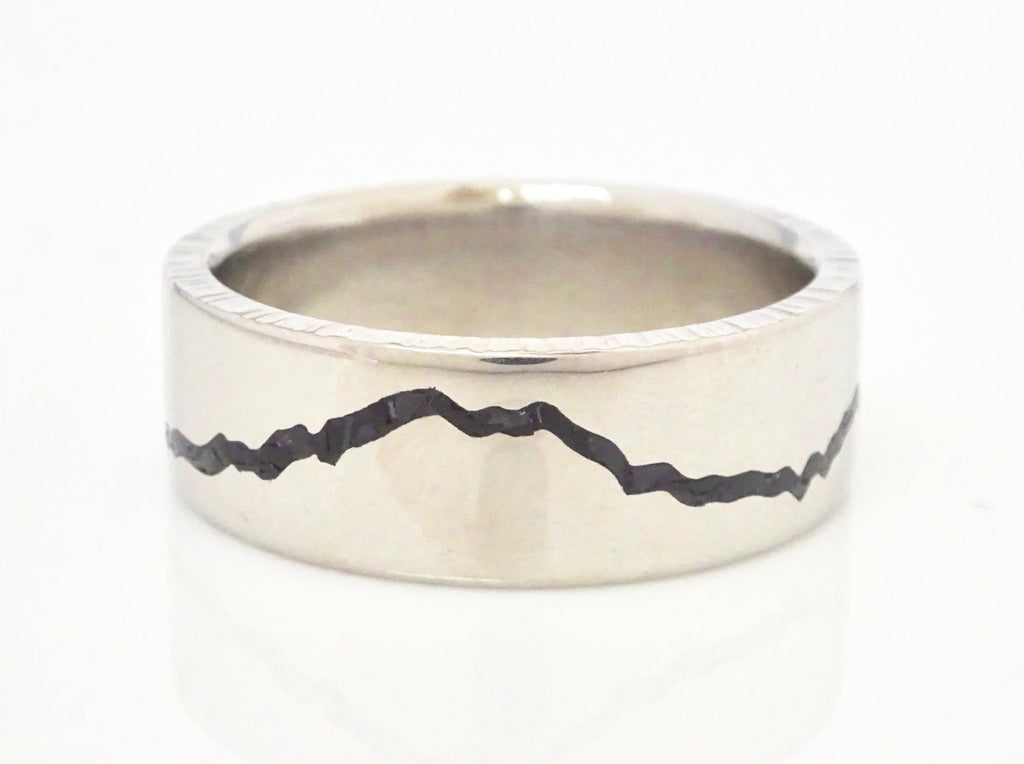 Original Rainier Cascades Inlay Ring handcrafted in recycled 950 Palladium featuring Black Spinnel & Onyx inlay.  This ring is made and ready to ship by Michelle Lenáe Jewelry, original mountain inspired designs in Seattle WA.